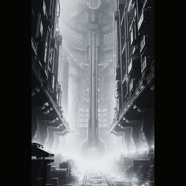 Towering machine halls recede toward a white shaft of light.