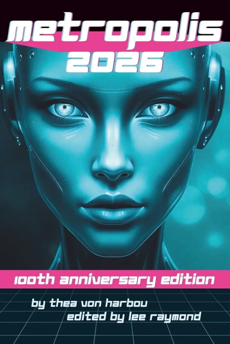 Metropolis 2026 anniversary edition cover: a teal robotic face with white and magenta lettering.