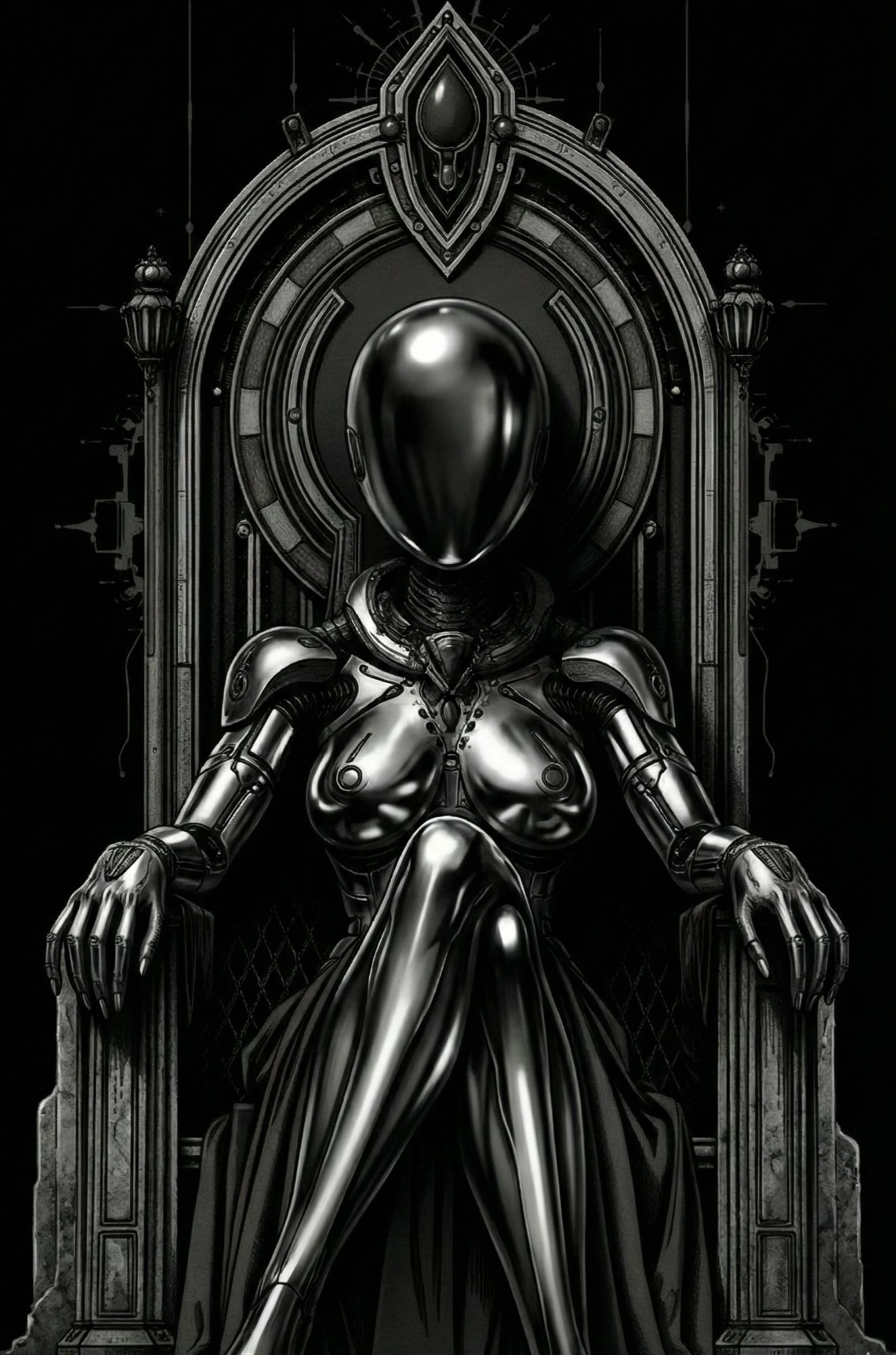 The sinister False Maria, a faceless black-and-silver robot seated on a Gothic throne.