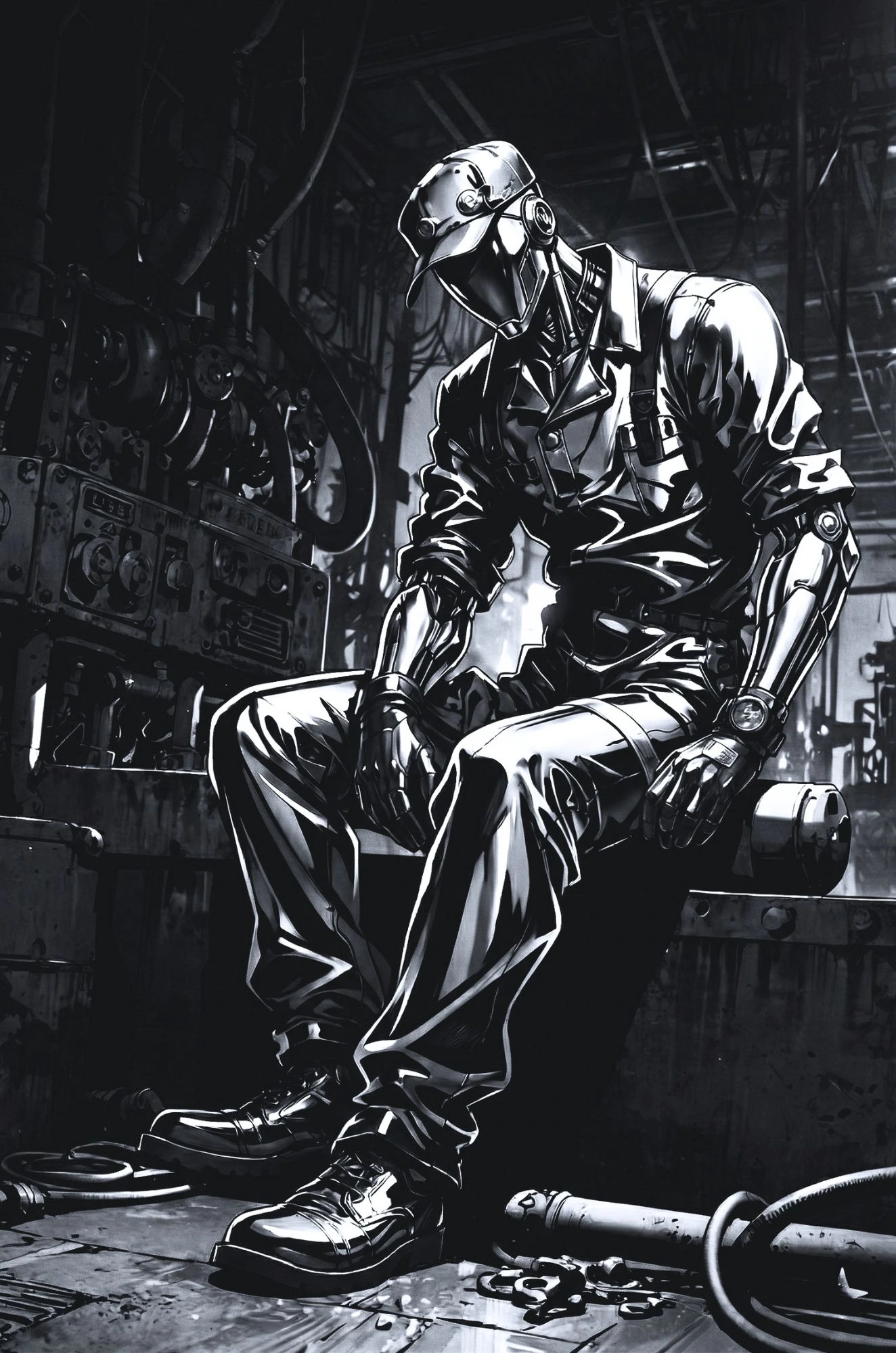 Gordie depicted as an exhausted silver worker in a cap, sitting among the pipes and machinery.