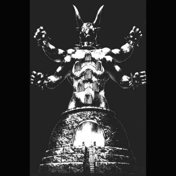 A colossal many-armed machine idol above a stairway.